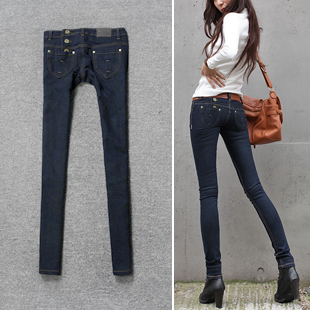 Free Shipping Buckle pencil pants heart pocket bag skinny pants female jeans 6106
