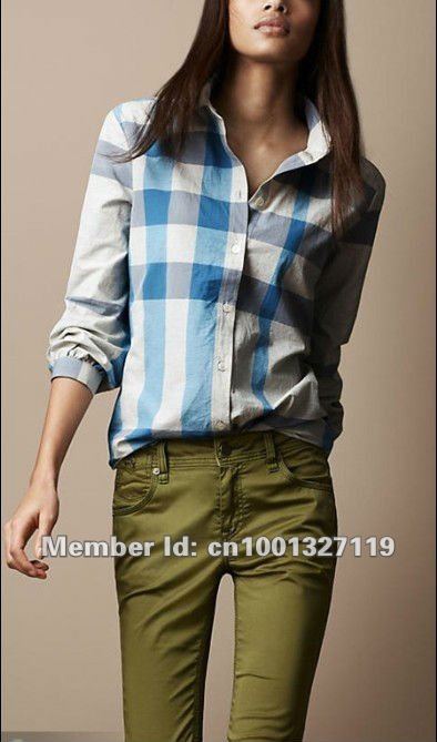 Free shipping Bur berrynew fashion plaid women shirt , blue women long sleeve shirt , cottonturn-down collar women shirt  #1300