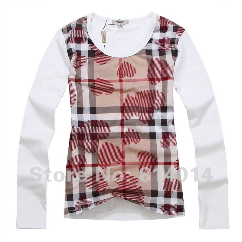 Free shipping Bur berrynew fashion plaid women shirt, women long sleeve T-shirt , O-NECK T-shirt #1261