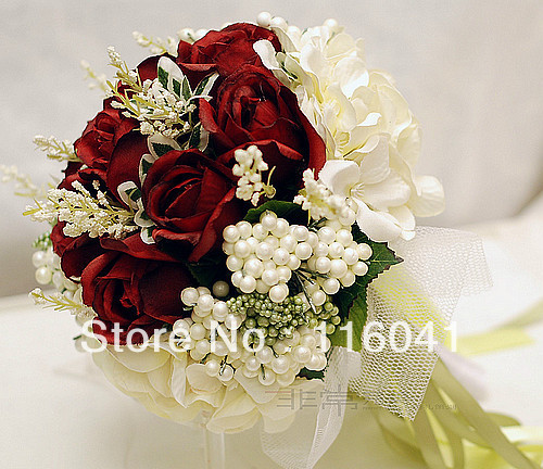 Free Shipping Burgundy red rose ivory flower with ribbon Wedding bridal throw bouquet Bridal Bouquet Bridesmaid Flowers