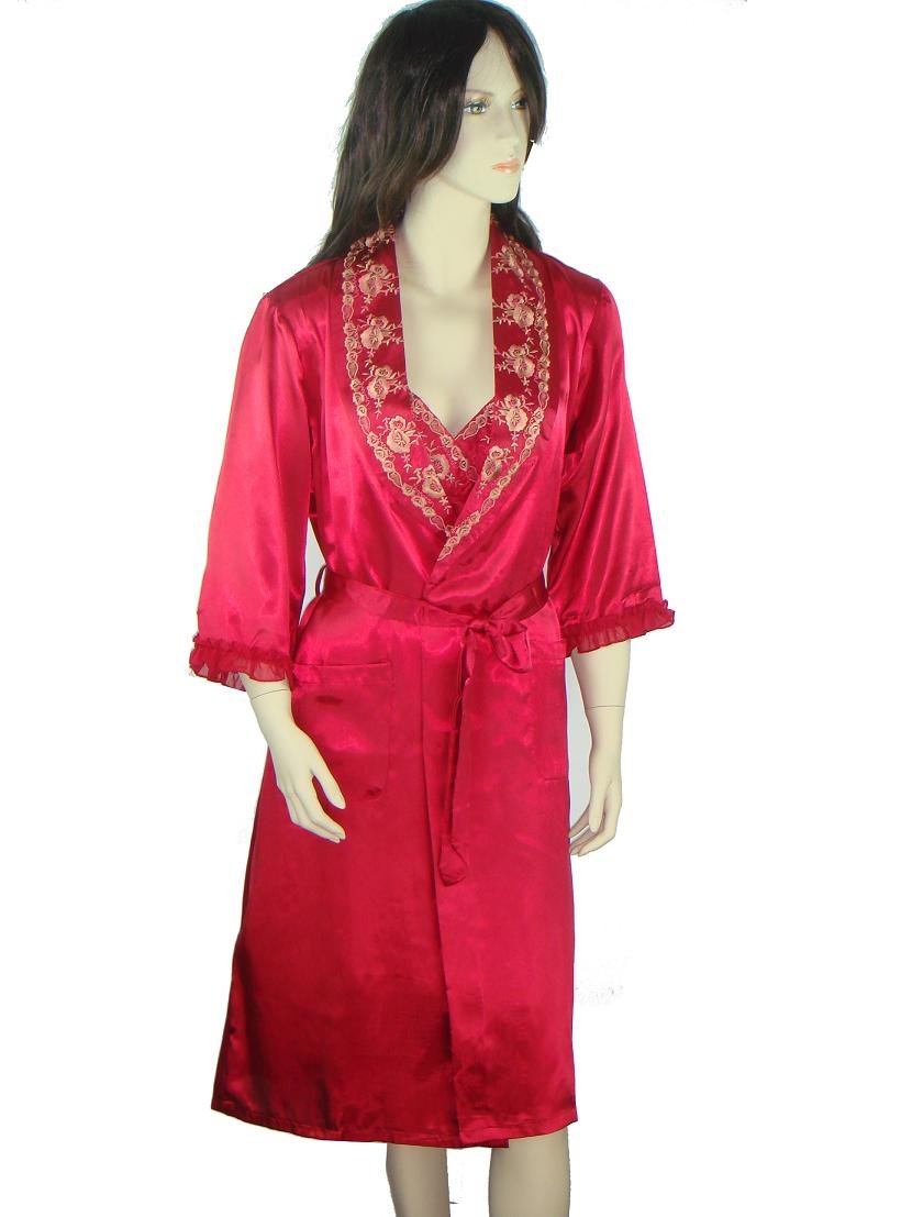Free Shipping Burgundy Women's 2pc Nightwear Robe Silk Polyester Bath Gown Wholesale Retail S M L XL S0044