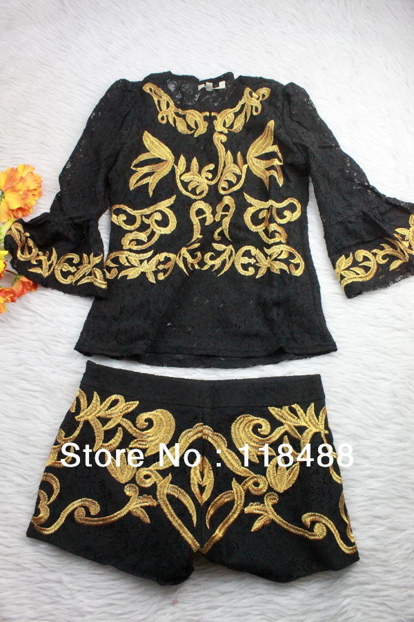 FREE SHIPPING BY DHL 2013 NEWEST STYLE TOP BRAND DESIGN HIGH QUALITY LADY GOLD FLOWER EMBROIDERY BLACK LACY  SET  TOP/SHORT12993