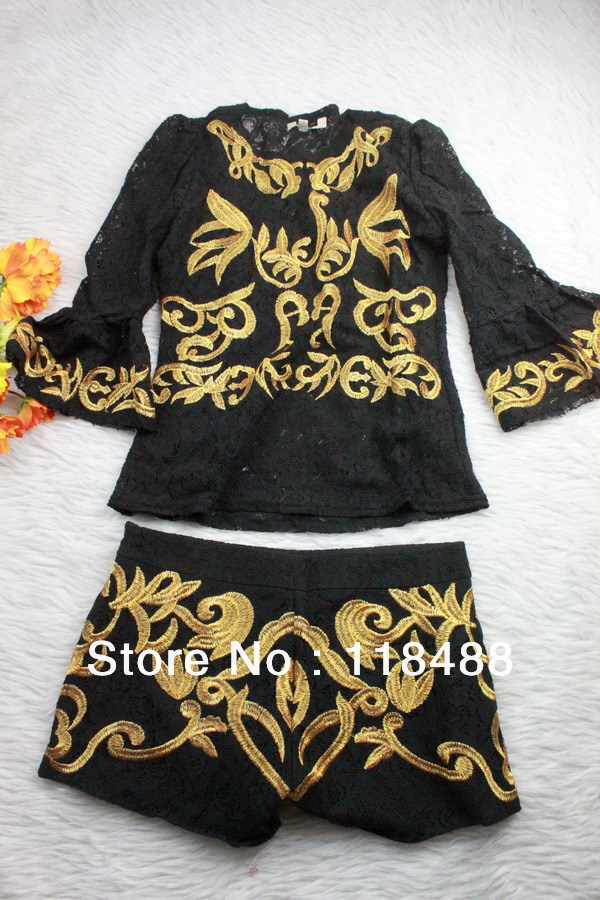FREE SHIPPING BY DHL 2013 NEWEST STYLE TOP BRAND DESIGN HIGH QUALITY LADY GOLD FLOWER EMBROIDERY BLACK LACY SET TOP/SHORT12993