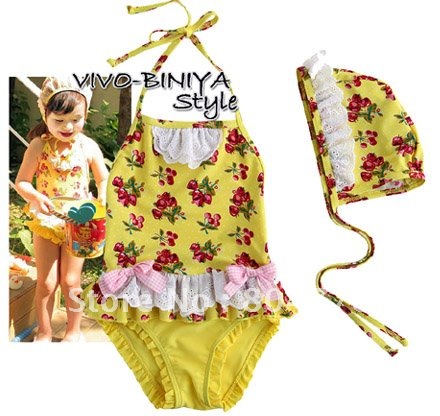 free shipping by EMS! baby girl's one-piece swimsuit cherry printing children's bathing suits two colors