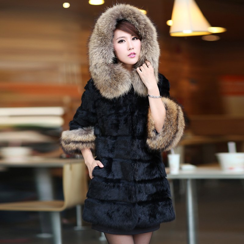 Free Shipping by EMS/DHL, Newest, Hooded, South Korea version, Slim, rabbits_fur, big raccoon_fur collars, fur coats