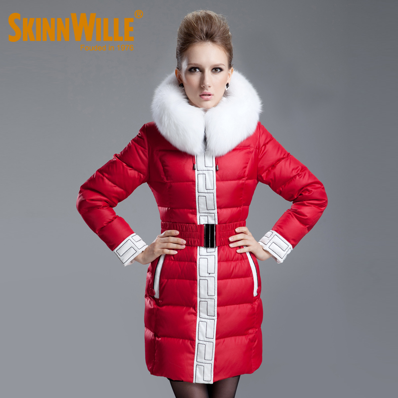 Free shipping, By EMS,FEDEX, 2013 fashion nobility plus size down coat slim medium-long big white fox fur collar female
