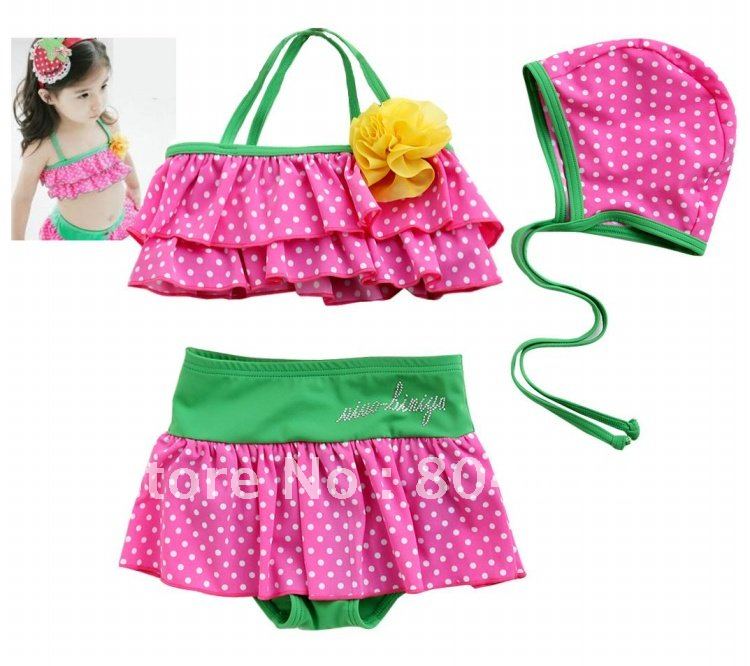 free shipping by EMS! girl's two-pieces swimsuits pink dotted flower baby swimwear kid's beach wear children's bathing suits