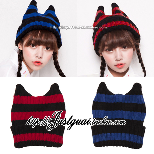 Free shipping C black bold stripe cat ears knitted hat knitted hat cartoon female autumn and winter