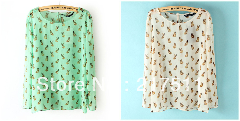 Free Shipping C2060 Cute Punk Style Metallic Square Rivet Shoulder Dog Printing Round Collar Chiffon Spring Blouse