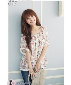 Free Shipping, C3 2013 women's elastic square collar flower half sleeve chiffon shirt