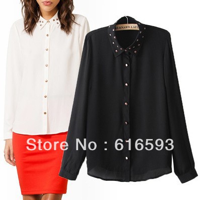 Free Shipping C432 2013 Fashion European Street Style Square Rivet Beaded Collar Metallic Button Closure Chiffon Blouse