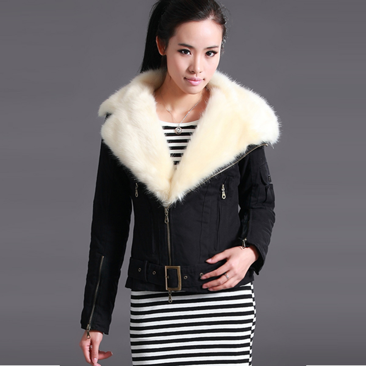 free shipping Canvas leather motorcycle slim wadded jacket fur coat female