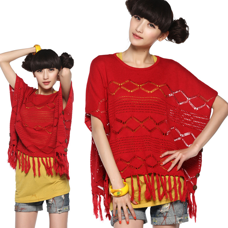 Free shipping  cape style cutout tassel sweater 21160061