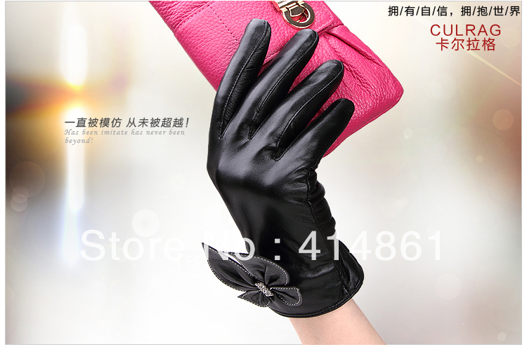 Free shipping Carl leather gloves women's genuine leather elegant bow sheepskin gloves female winter thermal paragraph