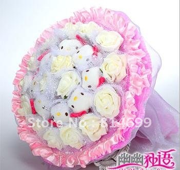 Free shipping Cartoon bouquet of 8 Hello Kitty Cat 16 flower green rose powder Christmas gifts Artificial bouquet X682