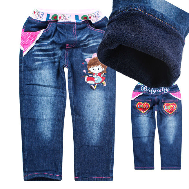 Free Shipping!! Cartoon  jeans girls fashion pants kids cool long thick warm  trousers Children Autumn/winter wear 5pcs/lot
