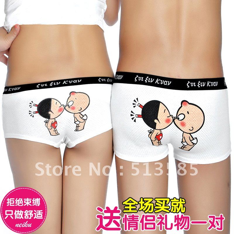 free shipping Cartoon sexy modal lovers panties breathable cotton mid waist male women's underwear