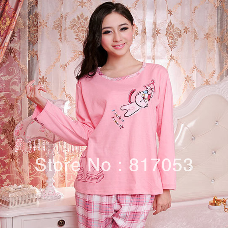 Free Shipping cartoon women's sleepwear long-sleeve pullover knitted cotton set lounge
