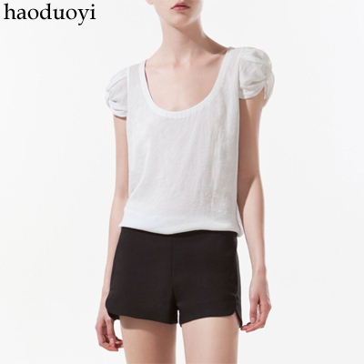 Free Shipping Cascading puff sleeve folding fresh big o-neck chiffon short-sleeve shirt 3 6 full