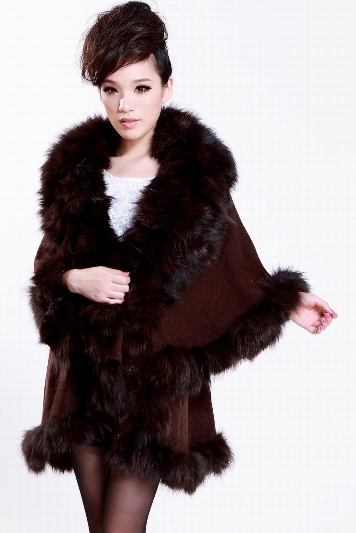 Free Shipping Cashmere Fur Shawl  With Fox Fur Trimming Retailer and Wholesale fur products