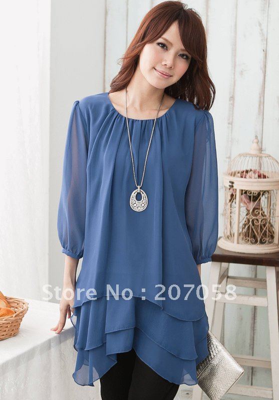 free shipping casual blouse / fashion chiffon blouse with several layers at hem 2012 newly items 3XL ,4xl