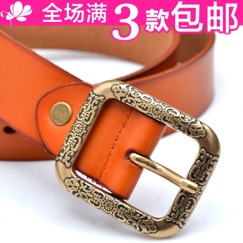 Free shipping Casual denim vintage carved decoration women's cowhide genuine leather strap belt
