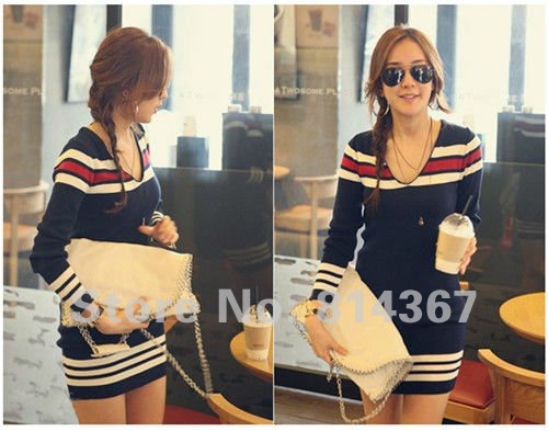 Free shipping!!Casual Fashion Womens V-neck Long sleeve Slim Fit Striped Sweater Jumper WF-0035