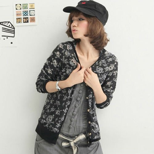 Free Shipping Casual Skull Print Hooded Coat Top Black Color Size S