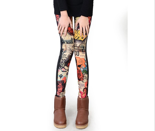 Free shipping Casual Velvet Graffiti Imitation Leather Leggings