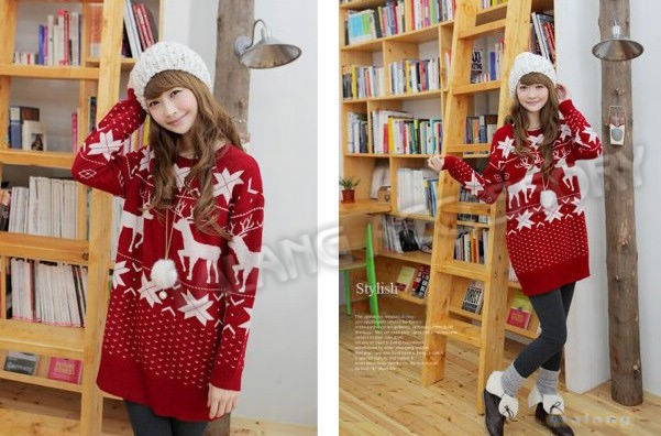 Free Shipping Casual Women's Christmas Snowflake Deer Patterns Sweater Red Knitted Sweater Jumpers Long Sleeves Sweater 650465