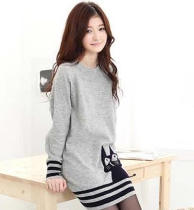 Free shipping cat stripe long sleeve knee-length women casual sweater dress loose knitting pullovers autumn 2013