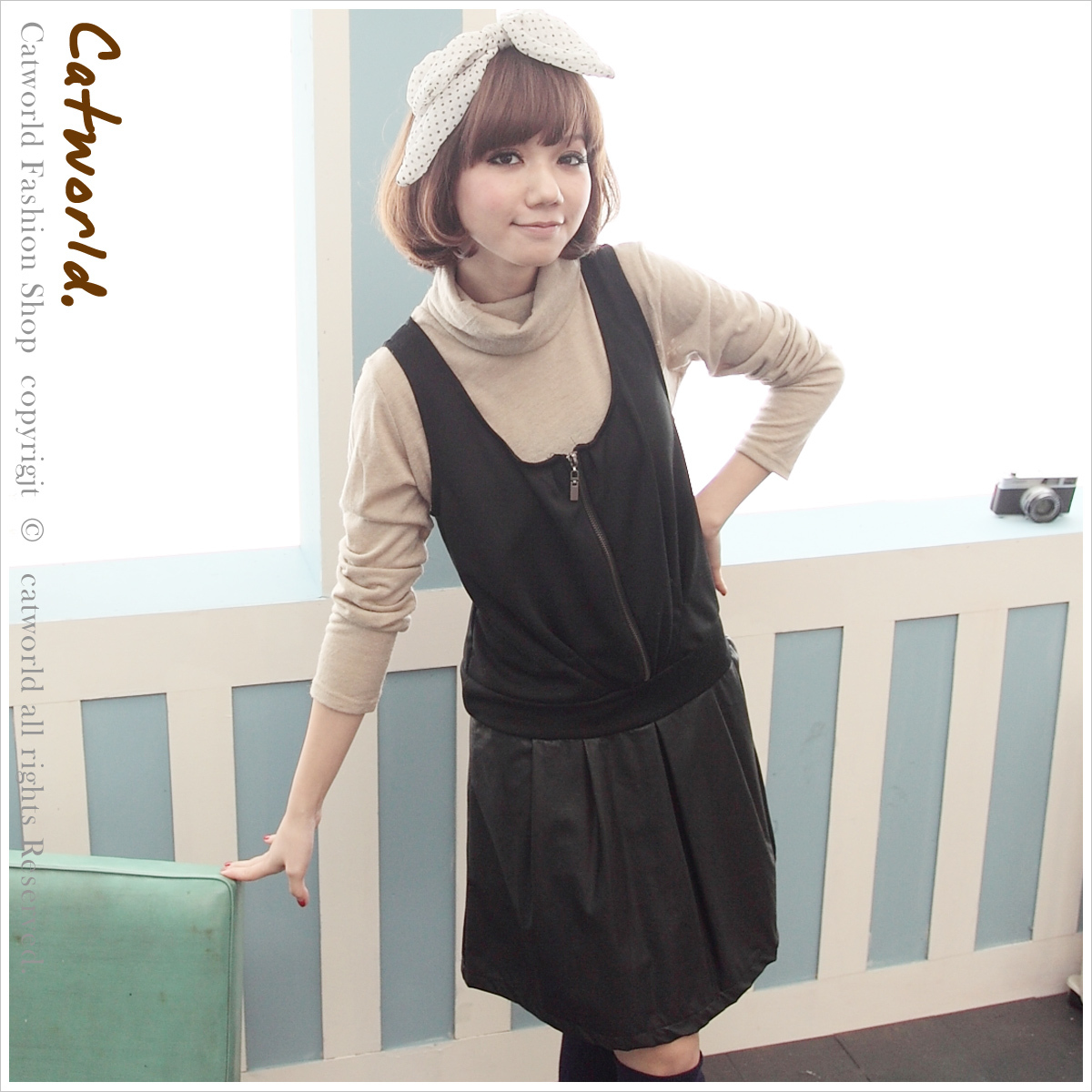 Free shipping Catworld winter 16001686 zipper faux leather material one-piece dress black