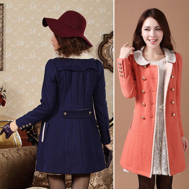 Free Shipping CC241# Woman Candy Color Double Breasted Vintage Military Jackets Women Winter Warm Wool Trench Coat