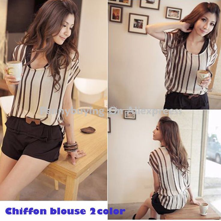 Free Shipping CC314# 2013 Summer Fashion Woman Loose Chiffon Shirt Women Stripe Casual Blouses OL Office Lady Gothic Tops