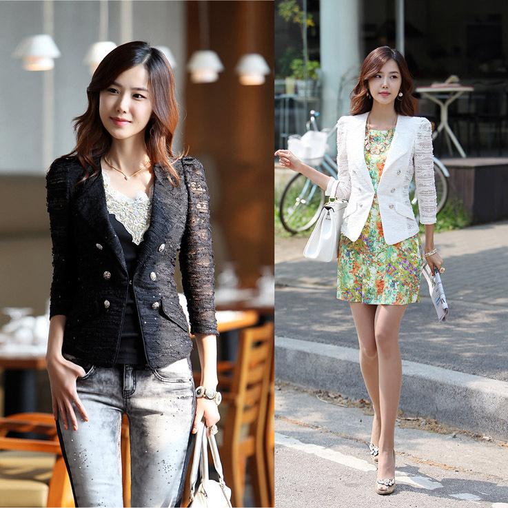 Free Shipping CC81# 2013 Spring Office Lady White Blazer Woman Handsome Lace Suit Women Double Breasted Business Dress