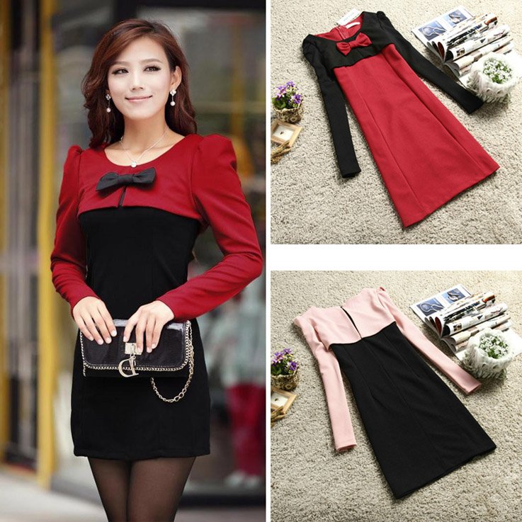 Free Shipping CD67# 2013 Spring New Fashion Office Lady Long Sleeve Dress Woman Slim Fit Clothes Women Bow Cotton Blend Dresses
