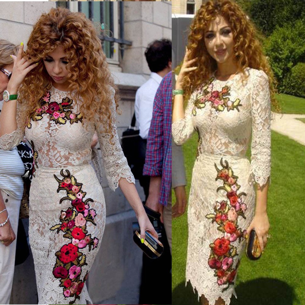 Free shipping Celebrity dress Arabia Muslism Myriam Fares Sheath Knee Length Lace Embroidery  O-Neck Custome