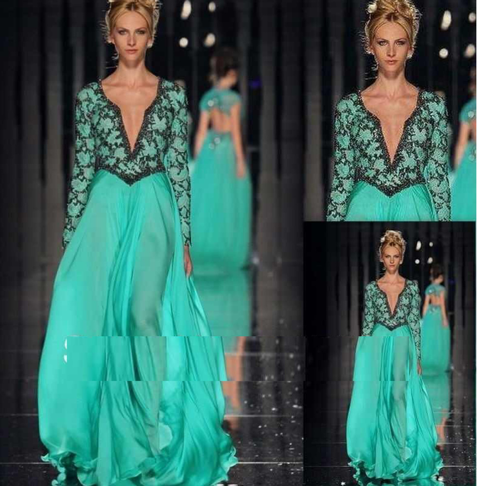 Free shipping Celebrity dress Evening dress Lace Long sleeve V-Neck Chiffon A-Line Floor Length Crystal Custome