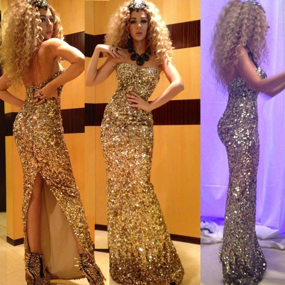 Free shipping Celebrity dress Red Carpet Dressese Myriam Fares Sequines Sweetheart Backless Floor Length Gold Custome