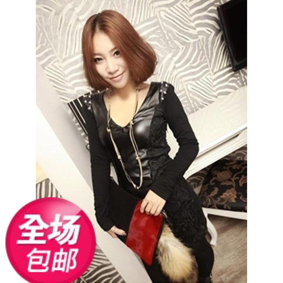 free shipping Channel - lace patchwork leather rivets cutout back decoration one-piece dress