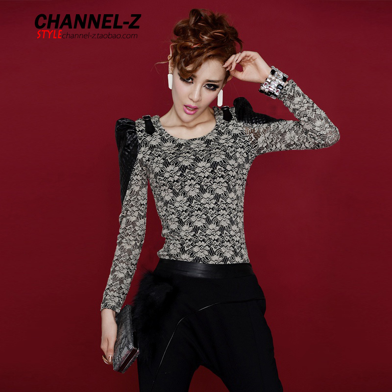 free shipping Channel-z 2012 autumn and winter fashion dimond plaid faux leather patchwork long-sleeve slim basic lace t-shirt