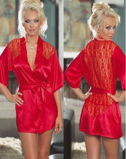 Free shipping! Charmeuse Robe Lace Detail and G-String sexy lingerie 8600 (red color)