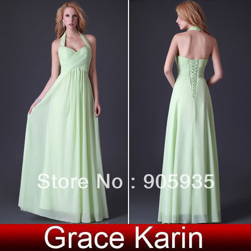 Free Shipping ! Charming Grace Karin 1pc/lot Stock Halter Bridesmaid Party Gown Prom Ball Evening Dress, Light Green CL3461