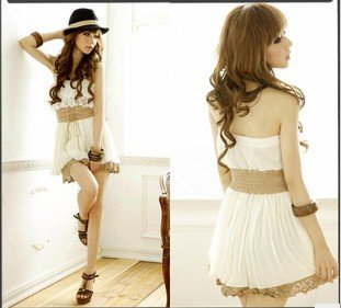 Free Shipping Charming Lace Lotus Pleated Chiffon Flat Mouth Sexy Dress