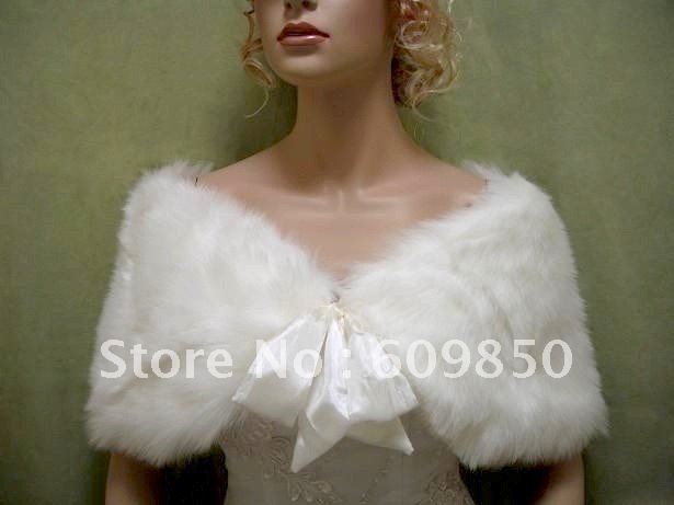 Free shipping charming white ribbon   faux fur bridal wedding shawl