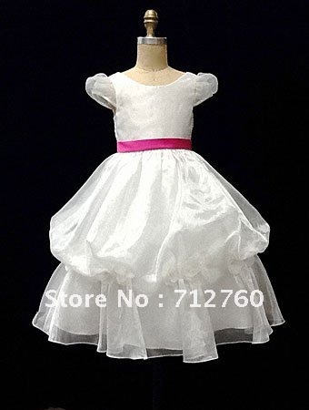 Free Shipping - Cheap Cap Sleeve Long Ivory Organza Flower Girl Dresses Under 100 with Fuchsia Waistband