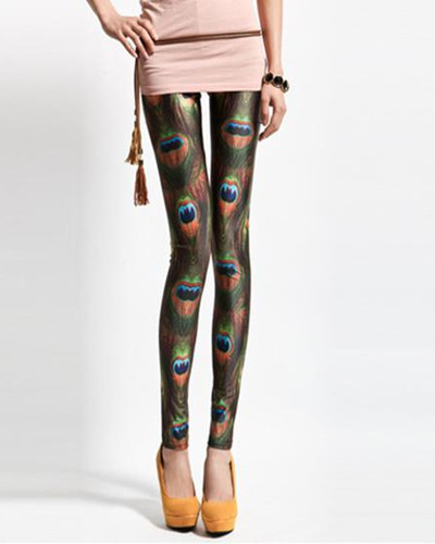 Free Shipping Cheap Fashion Faux Leather Leggings Peacocks Printed Pants Skinny Ladies Tights