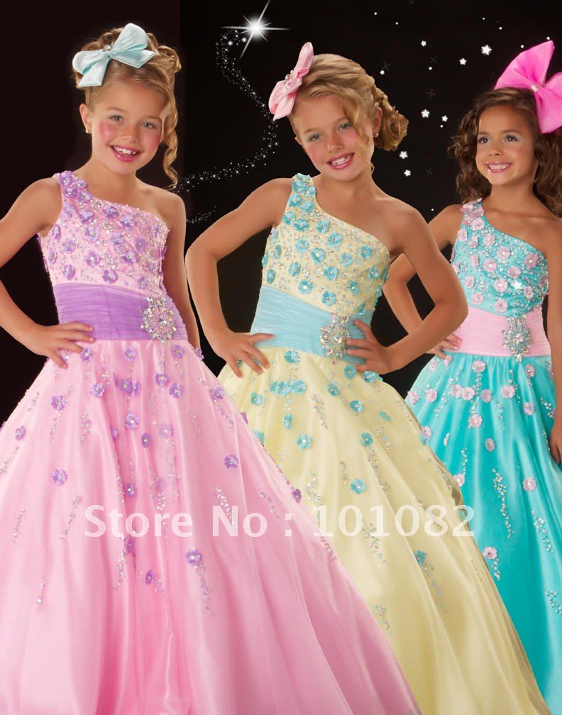 Free Shipping Cheap Flower Girl Dress 2012 New Designer Gorgeous One-shoulder Flowers Little Girl Pageant Dress