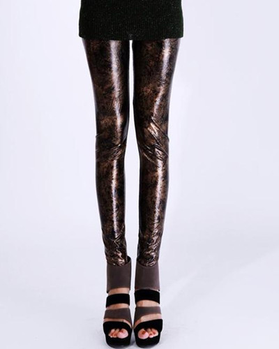 Free Shipping Cheap Gold Abstract Printed Leggings Sleek Faux Leather Tights Skinny Ladies Pants