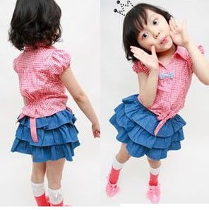 Free shipping Cherry Korean  clothing little princess lacing bow short-sleeve cardigan plaid shirt 5 pcs/lot